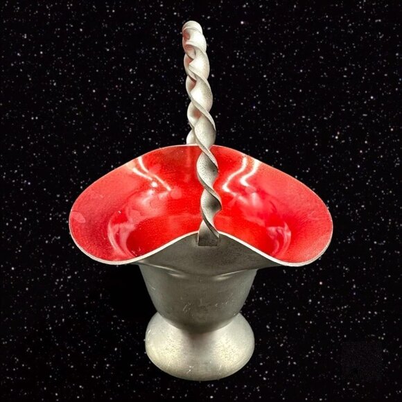 Vintage Norway Mid Century Modern Pewter Small Basket Red Metal Enameled 4”T - Picture 11 of 11